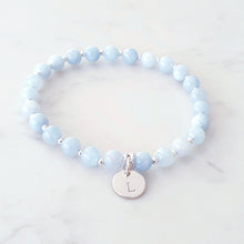 Load image into Gallery viewer, Aquamarine, light blue gemstone bracelet with sterling silver beads and a personalised disc charm
