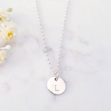 Load image into Gallery viewer, Personalised circle pendant, on 18 inch rolo chain with 2 inch  extender sterling silver
