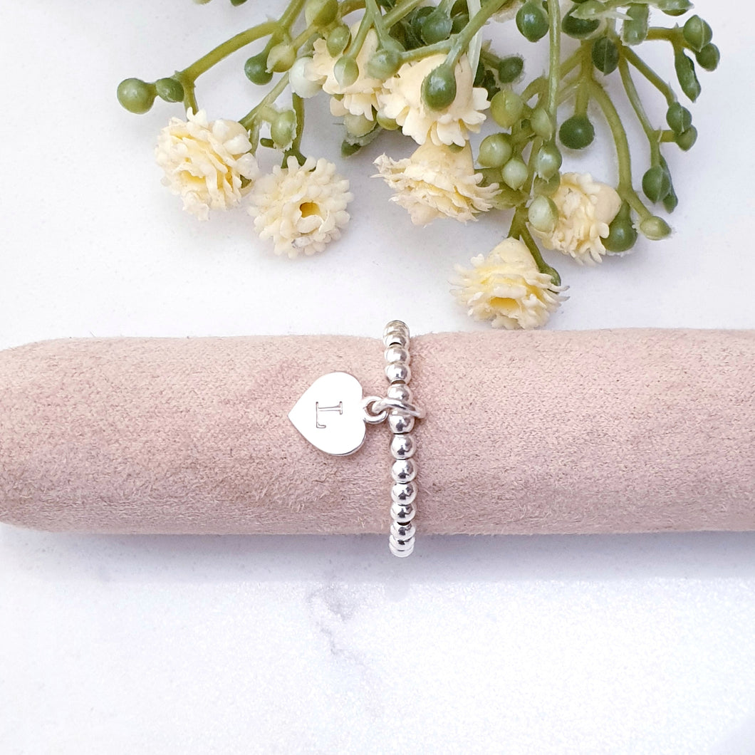 Lilly Personalised Heart Dainty Beaded Ring Sterling Silver Stretch Design