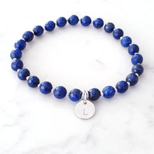 Load image into Gallery viewer, Lapis Lazuli beaded bracelet with sterling silver beads inbetween and a personalised disc charm
