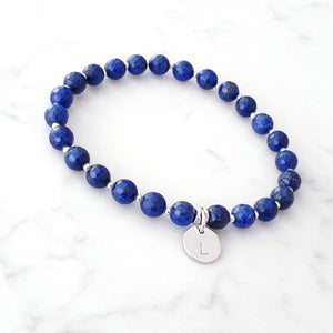 Blue Lapis Lazuli beaded bracelet with sterling silver beads inbetween and a personalised disc charm