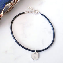 Load image into Gallery viewer, Black leather bracelet with a 10mm sterling silver disc charm with an initial
