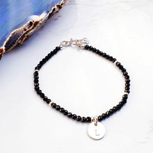 Load image into Gallery viewer, black beaded bracelet with an initial charm sterling silver
