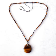 Load image into Gallery viewer, Tigers Eye and Dalmatian Jasper necklace, with sterling silver rings and beads.  Sliding knot adjustable closure
