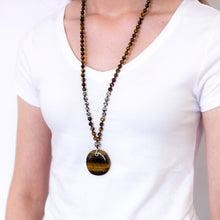Load image into Gallery viewer, Tigers Eye and Dalmatian Jasper necklace with sliding knot adjustable closure
