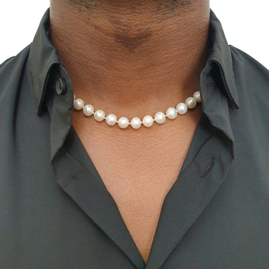 White Pearl Necklace Men Sterling Silver, Knotted Freshwater Pearl Necklace Boyfriend Son Brother, Beaded Necklace Men and Women