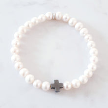 Load image into Gallery viewer, Hematite Cross and Pearl Stretch Bracelet, June Birthstone Bracelet Sterling Silver, Pearl Bracelet Unisex Birthday Gift Daughter Boyfriend
