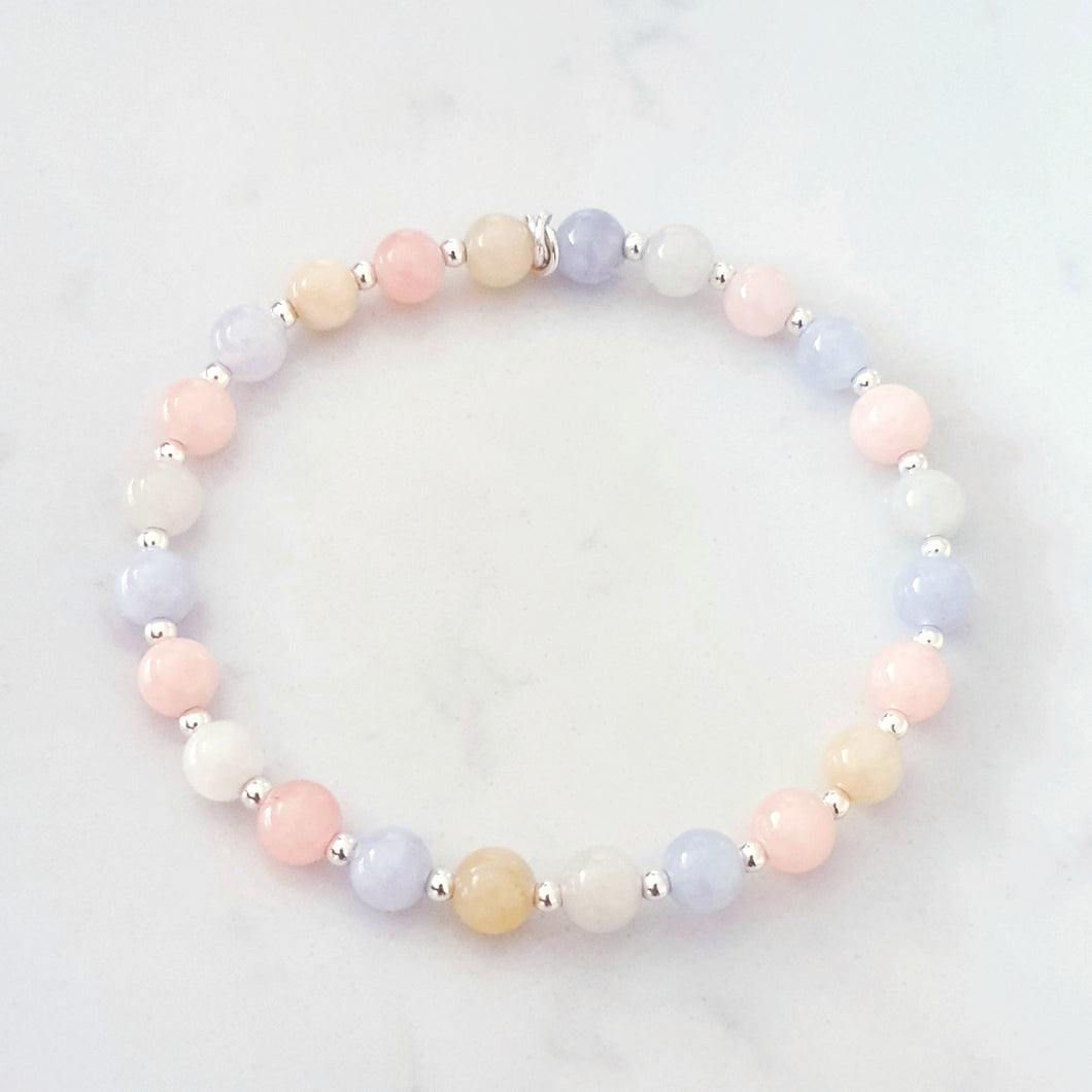 Morganite Stretch Bracelet Sterling Silver, Pastel Colour Bracelet, Birthday Gift Girlfriend Daughter Sister, Beryl Crystal Beaded Bracelet