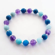 Load image into Gallery viewer, Amethyst, Amazonite and Apatite Crystal Stretch Bracelet Sterling Silver, Blue Crystal Bracelet, Purple Gemstone Bracelet, Anxiety
