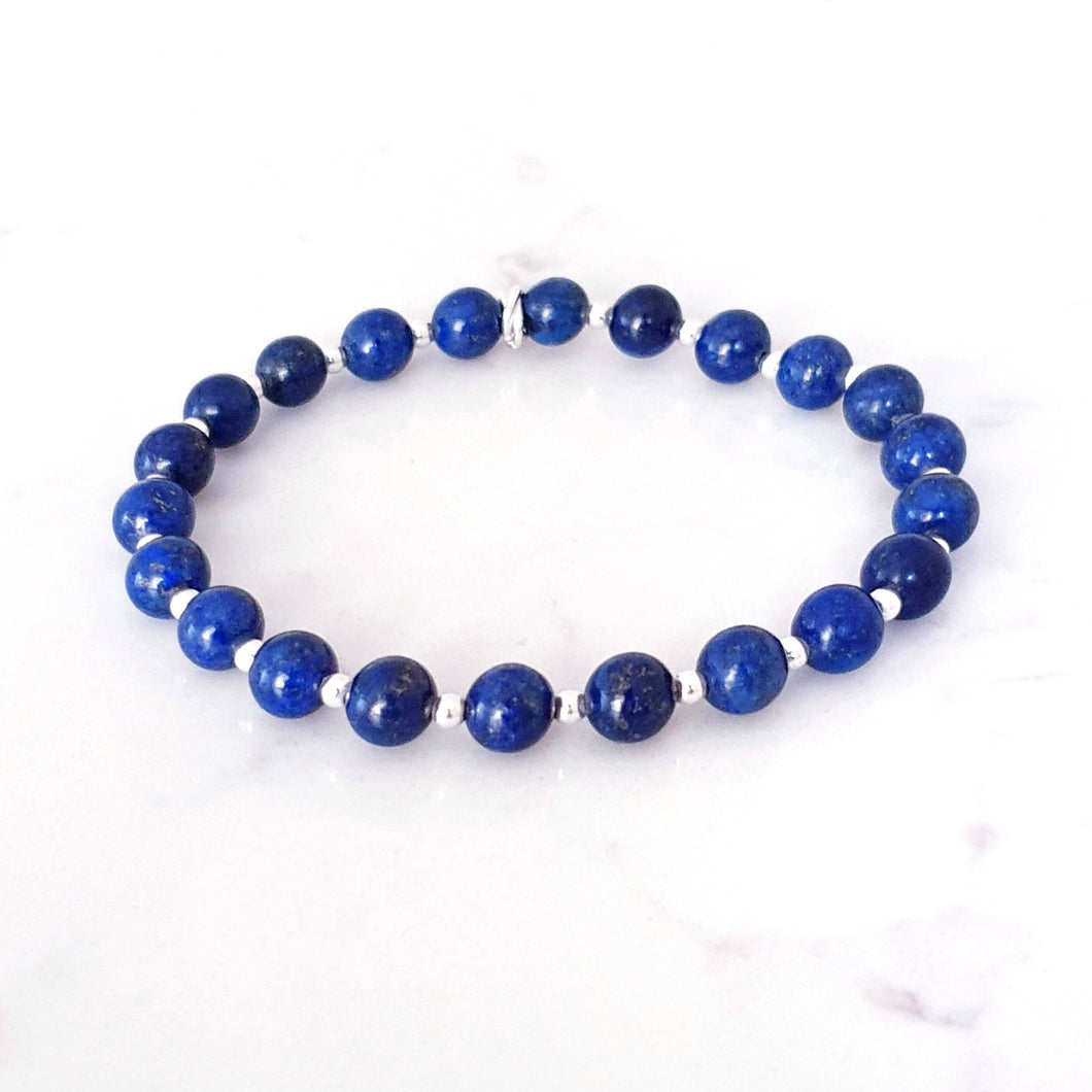 Lapis Lazuli Bracelet Sterling Silver, Birthday Gift Daughter Sister Mum, Crystal Stone Beaded Bracelet, Blue Unisex Stretch Bracelet